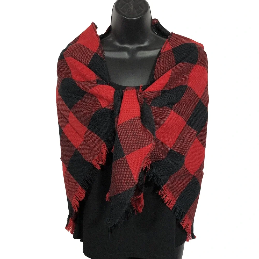 Vintage Buffalo Plaid Scarf Triangle, Red and Black Large Fringed, 70